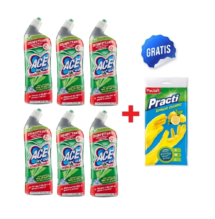Pachet 6 X Solutie gel wc Ace 700ml + GRATIS Manusi Menaj Paclan